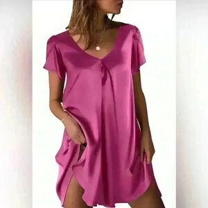 Ekouaer Women's Rose Pink Satin Nightgown Short Sleeve V-Neck Size Small NWT